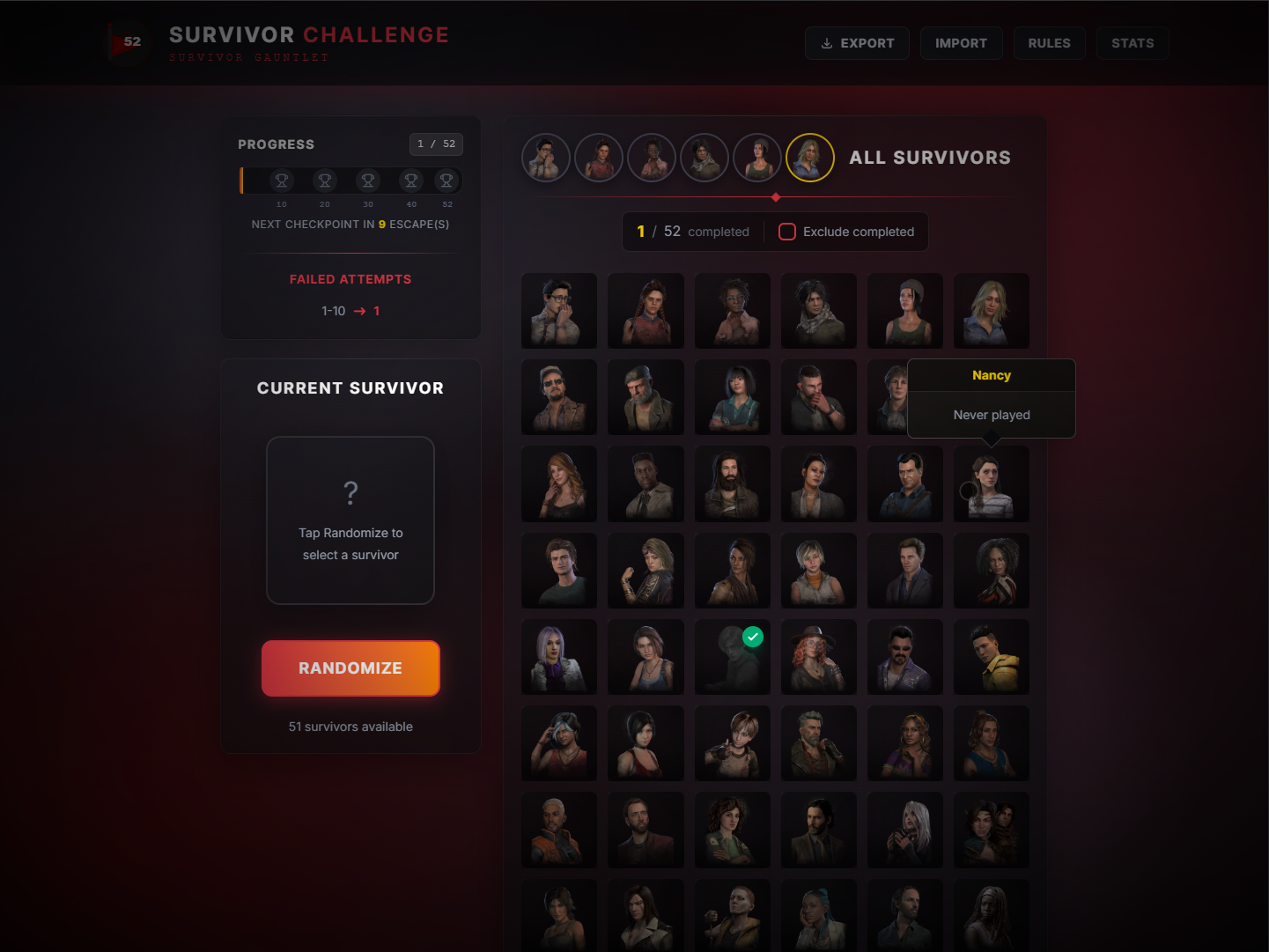 Dead by Daylight - Screenshot of Survivor Gauntlet - Hover over character