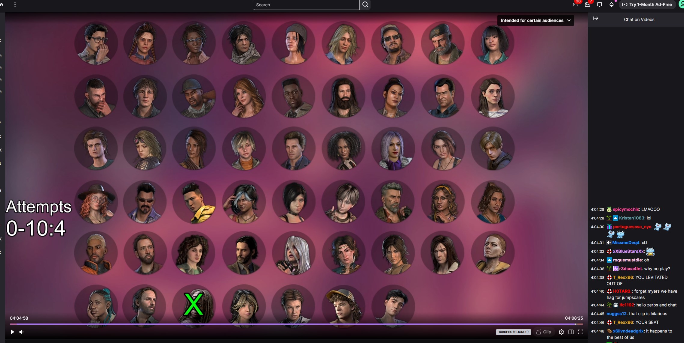 OBS overlay with pink/purple survivor grid and green X marks