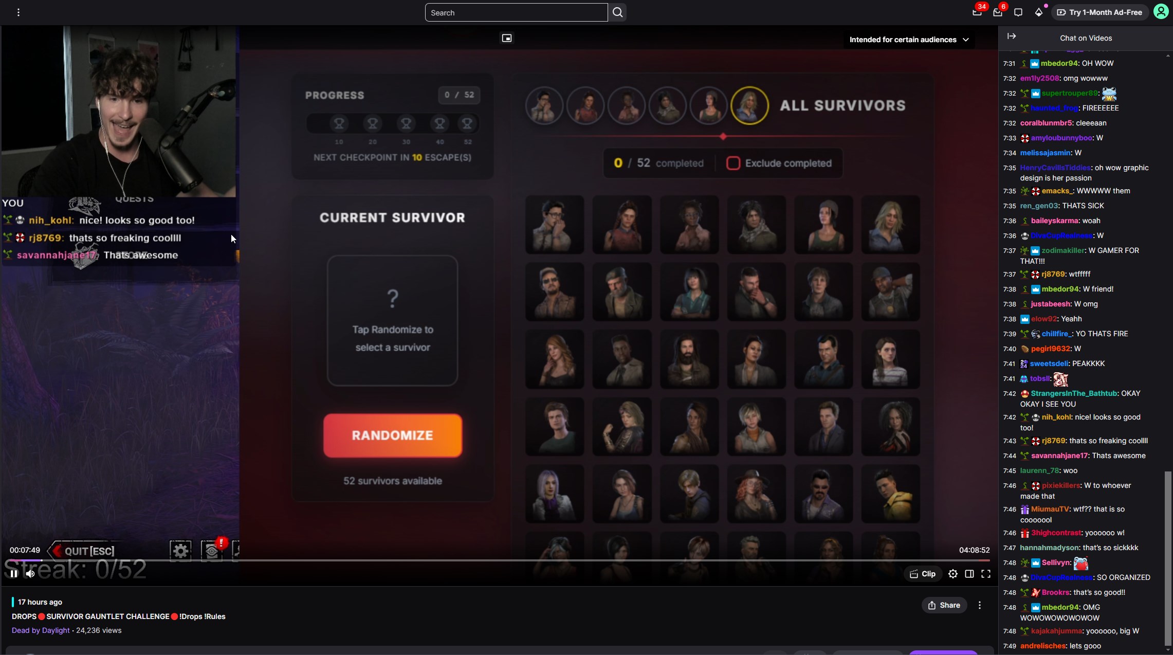 Zerbs' stream showing the live tracker on screen with chat reacting