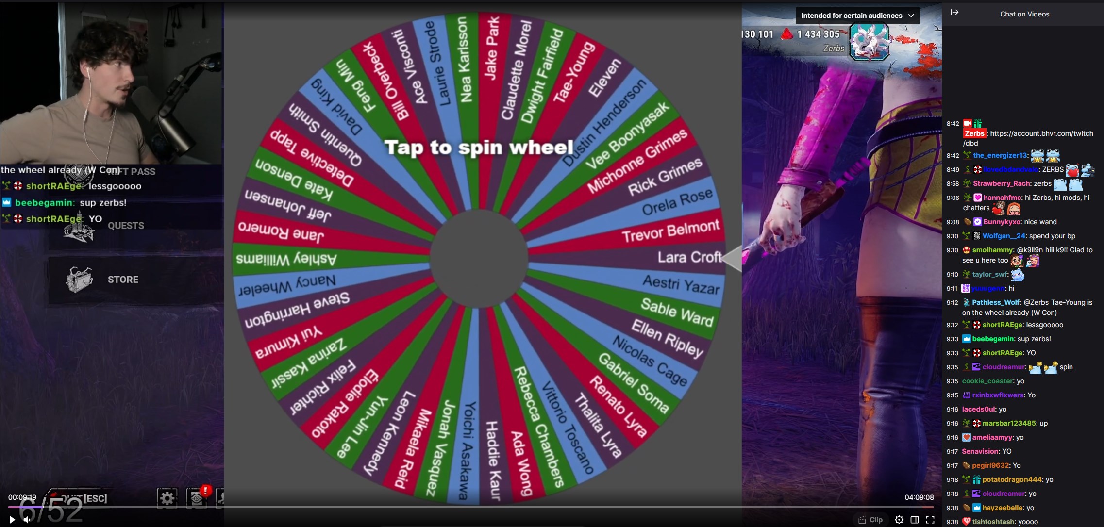 The Streamlabs wheel spinner showing all 52 survivor names