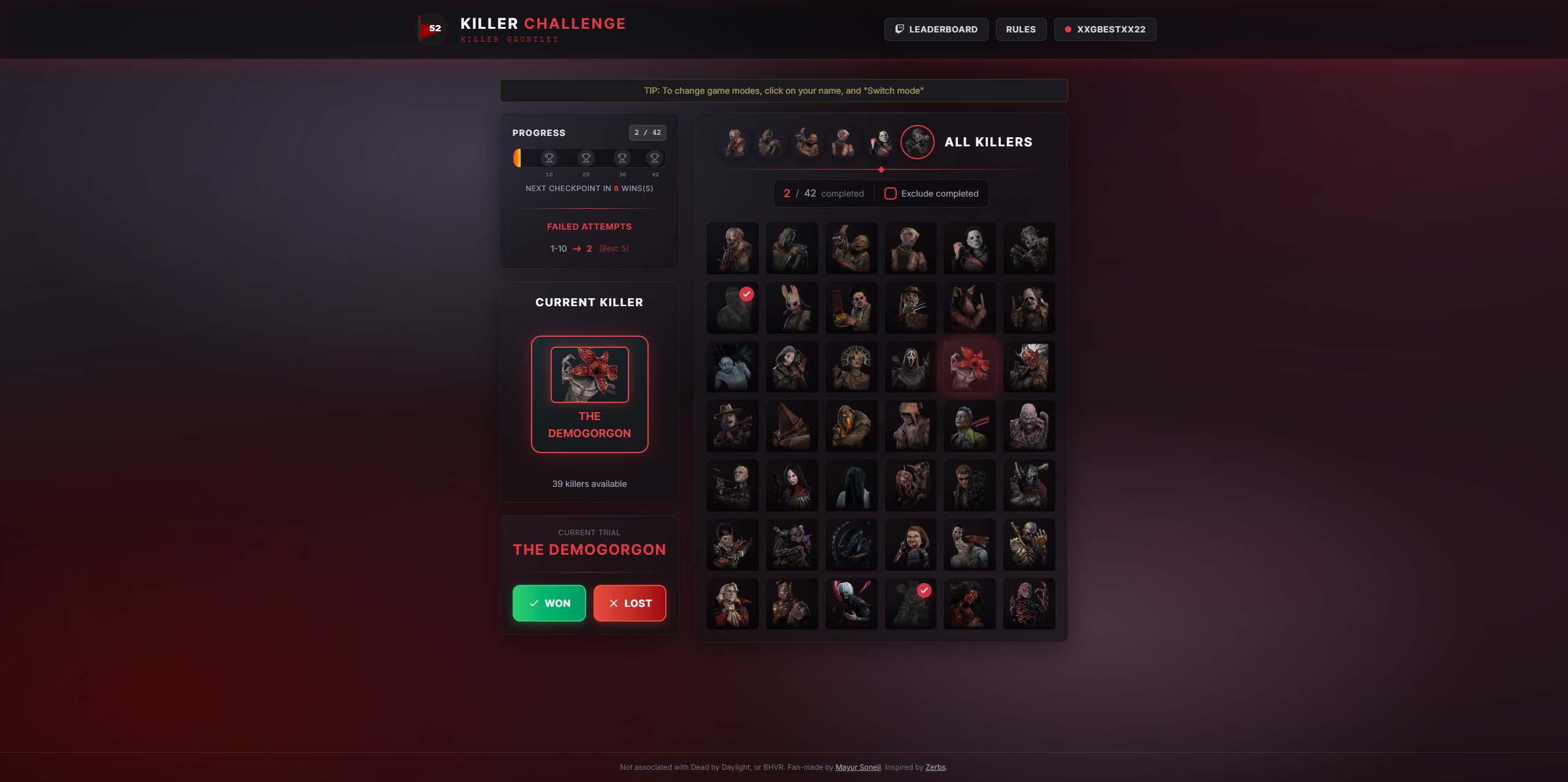 Killer mode challenge interface