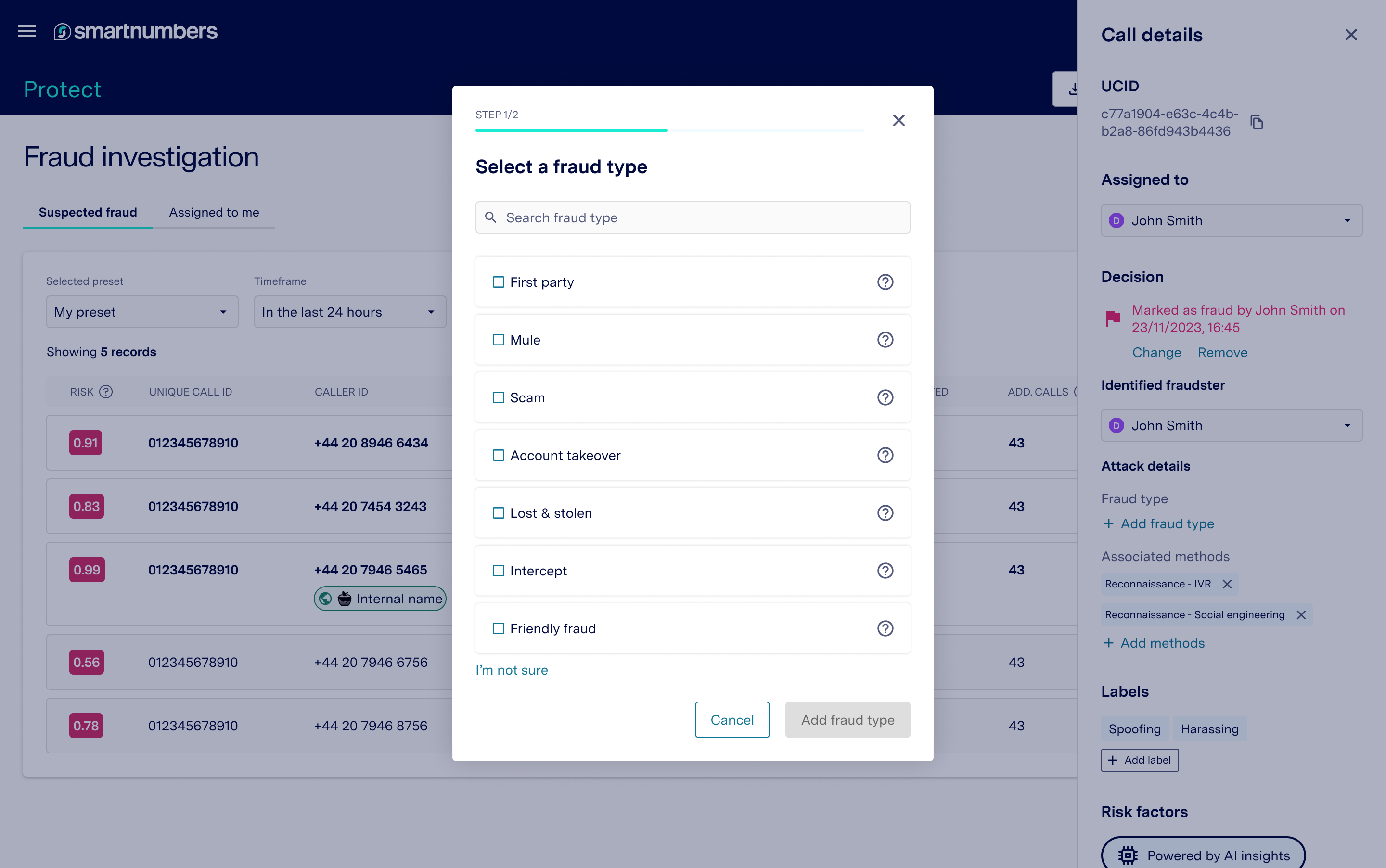 Smartnumbers Consortium - Add Intelligence Modal with structured data fields
