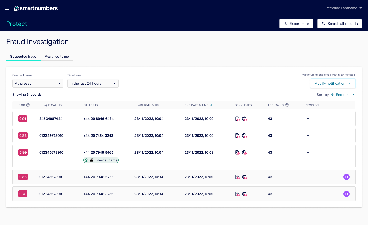 Smartnumbers Investigate - Case Dashboard showing flagged high-risk calls