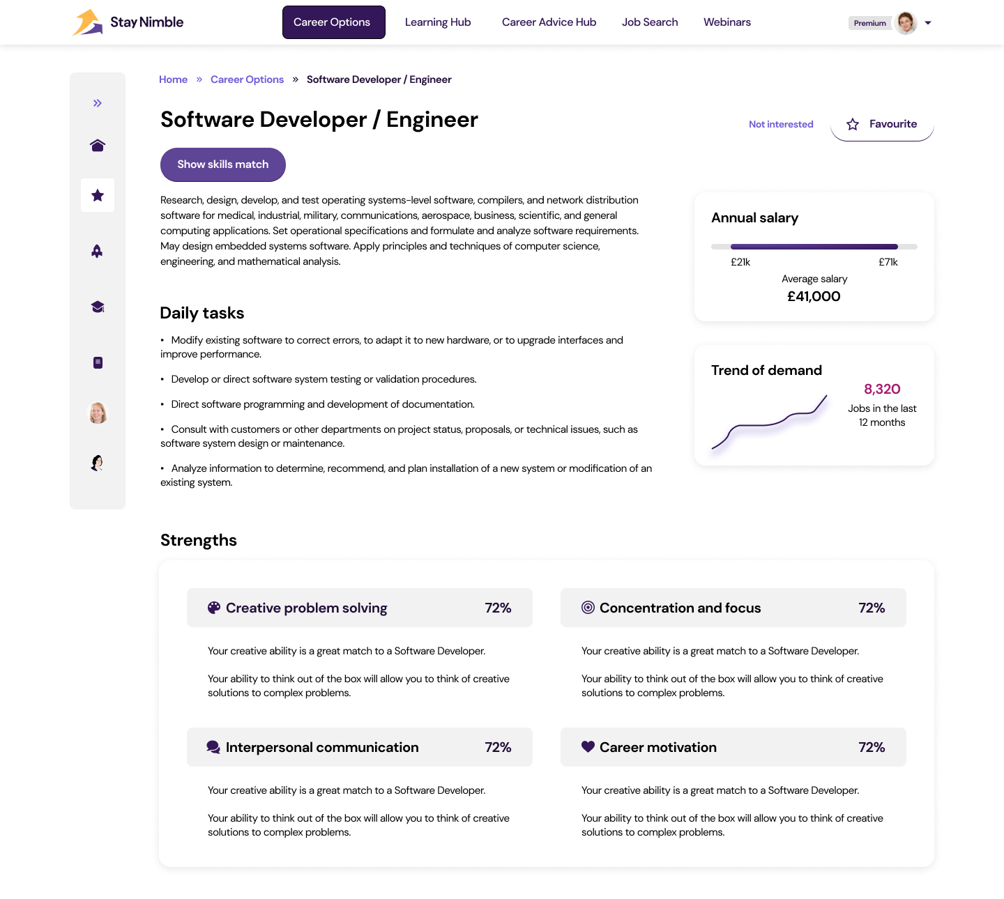 Career matching results grid