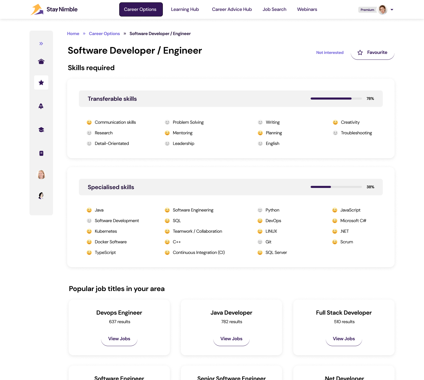 Career matching results grid